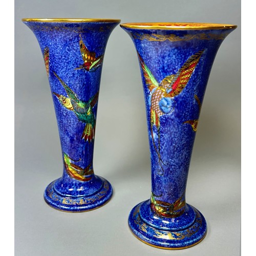 145 - Wedgwood lustre - pair of trumpet shaped footed vases with mottled blue exterior, overlaid with colo... 