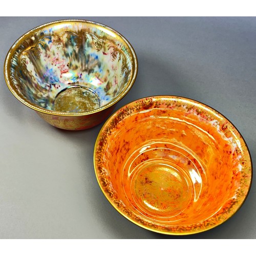 129 - Wedgwood lustre - two bowls, one with mottled marbled glaze overlaid with butterflies within geometr... 