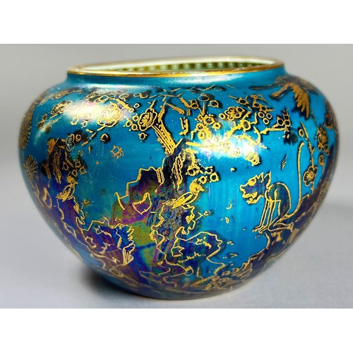 147 - Wedgwood lustre - vase with mid blue exterior overlaid in black and gilt with woodland folk, owl and... 