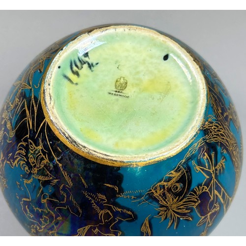 147 - Wedgwood lustre - vase with mid blue exterior overlaid in black and gilt with woodland folk, owl and... 