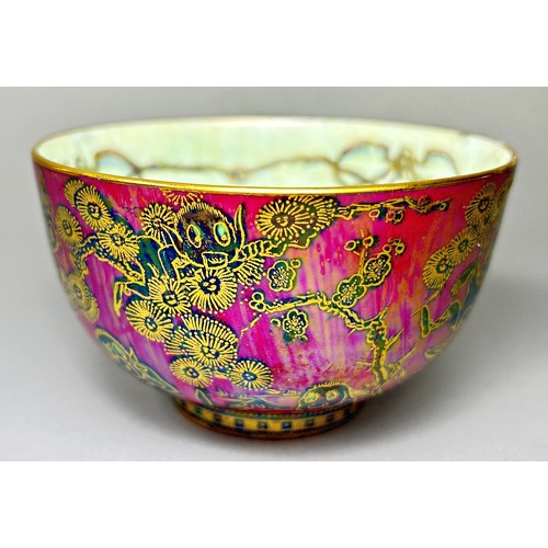 151 - Wedgwood Lustre - circular bowl, the exterior in a plum red glaze overlaid in black and gilt with wo... 