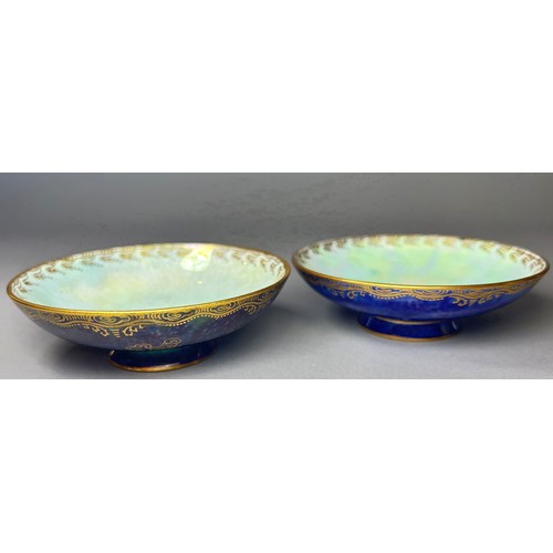 134 - Wedgwood lustre - pair of small shallow dishes, mottled blue exteriors, pale turquoise interior each... 