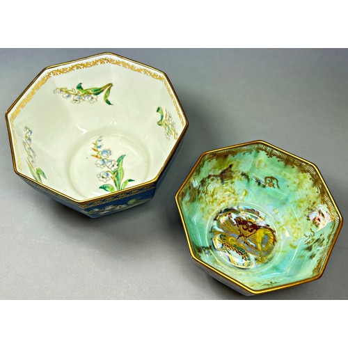 135 - Wedgwood lustre - two graduated octagonal bowls with powder blue exterior overlaid with lily of the ... 