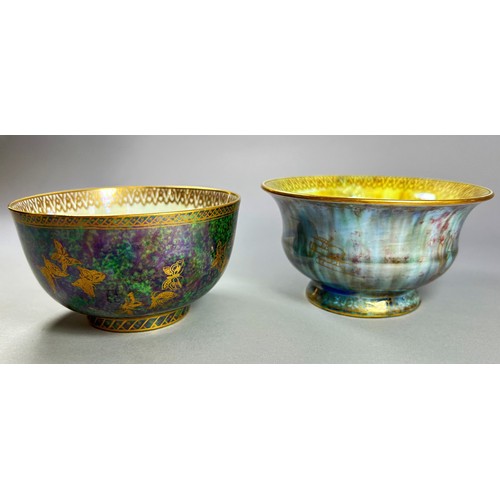 136 - Wedgwood lustre - two bowls, the flared example with mottled blue marble effect, the interior with y... 