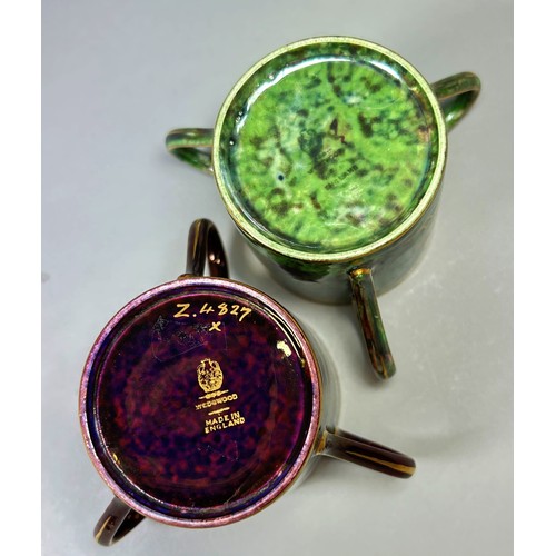 133 - Wedgwood lustre - pair of tygs with mottled green and mauve finish with various butterfly, snake, dr... 