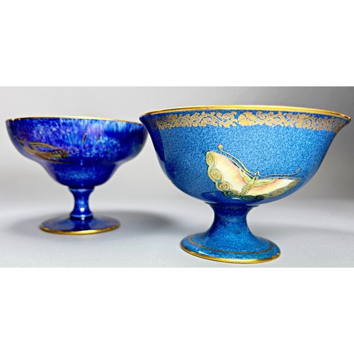 140 - Wedgwood lustre - two stem dishes, blue mottled example  overlaid with exotic birds, the interior in... 