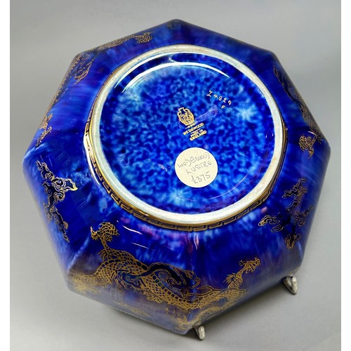 141 - Wedgwood lustre octagonal bowl - The exterior with mottled blue glaze overlaid with gilt dragon and ... 