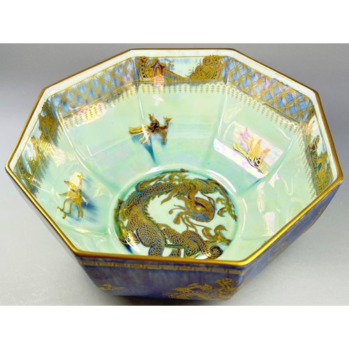 141 - Wedgwood lustre octagonal bowl - The exterior with mottled blue glaze overlaid with gilt dragon and ... 