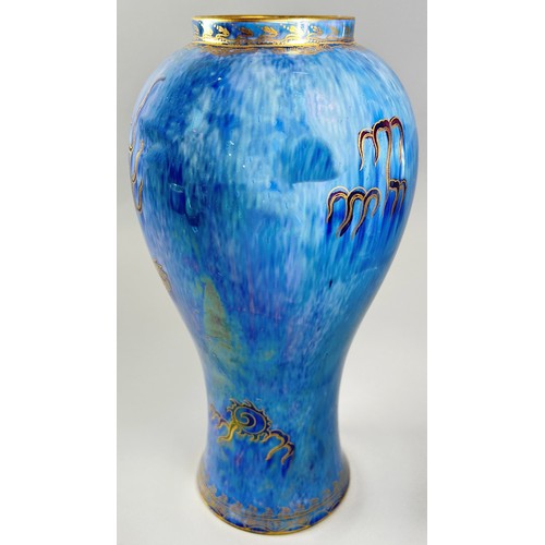 144 - Wedgwood lustre - inverted oviform vase with powder blue exterior overlaid with gilt Chinese dragon ... 