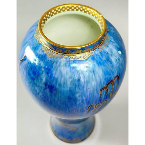 144 - Wedgwood lustre - inverted oviform vase with powder blue exterior overlaid with gilt Chinese dragon ... 