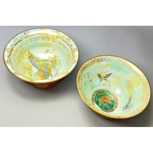 142 - Wedgwood lustre - two footed bowls each with dark red mottled exterior and pale turquoise interiors ... 