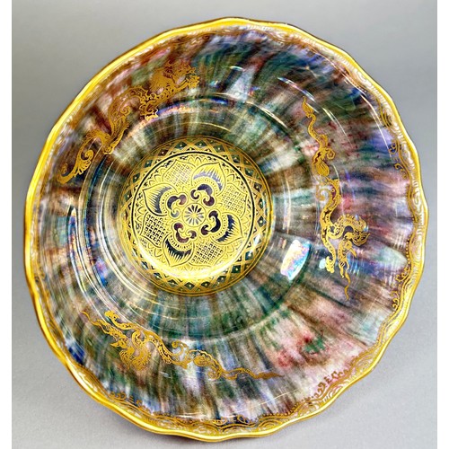 152 - Wedgwood lustre - circular bowl with fluted edge, the exterior with marbled toffee colour overlaid w... 