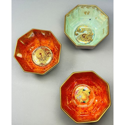 150 - Wedgwood lustre - three small octagonal bowls, one with pale turquoise overlaid with butterflies wit... 