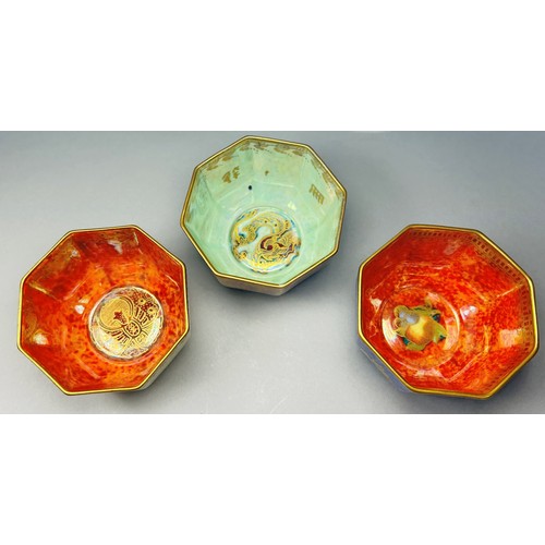 150 - Wedgwood lustre - three small octagonal bowls, one with pale turquoise overlaid with butterflies wit... 