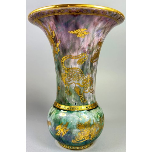 149 - Wedgwood lustre - Trumpet shaped vase, the exterior with mottled marbled finish overlaid in gilt wit... 