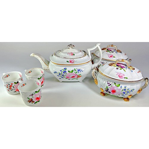 10 - A 19th century Derby floral pattern teapot, three coffee cans, two small oval tureens and covers