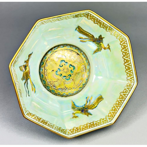 155 - Wedgwood Lustre - octagonal bowl, the exterior in mottled malachite with overlaid Chinese Temple Dog... 