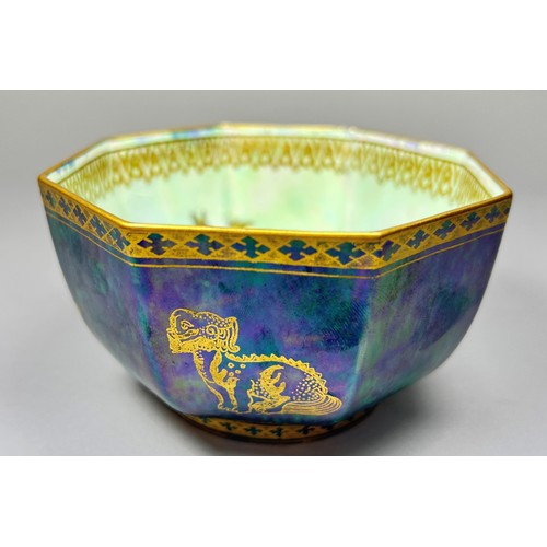 155 - Wedgwood Lustre - octagonal bowl, the exterior in mottled malachite with overlaid Chinese Temple Dog... 