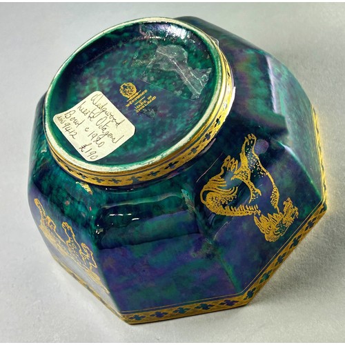 155 - Wedgwood Lustre - octagonal bowl, the exterior in mottled malachite with overlaid Chinese Temple Dog... 