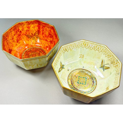 156 - Wedgwood Lustre - Two octagonal bowls, one with toffee coloured glaze overlaid with gilt butterflies... 