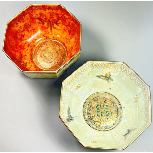 156 - Wedgwood Lustre - Two octagonal bowls, one with toffee coloured glaze overlaid with gilt butterflies... 