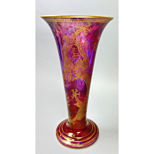 157 - Wedgwood Lustre - single trumpet shaped vase with mottled deep red detail overlaid with gilt Chinese... 