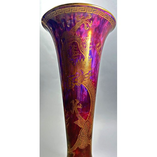 157 - Wedgwood Lustre - single trumpet shaped vase with mottled deep red detail overlaid with gilt Chinese... 