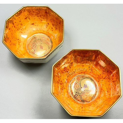 148 - Wedgwood lustre - Pair of octagonal bowls, the exteriors in pale cream overlaid with butterflies wit... 