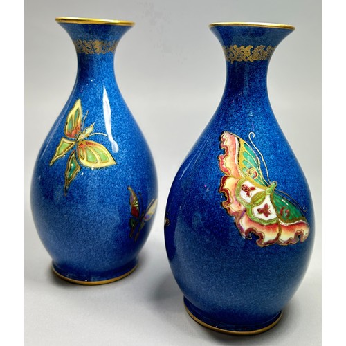 154 - Wedgwood Lustre - pair of baluster shaped vases in a powder blue colourway overlaid with colourful b... 