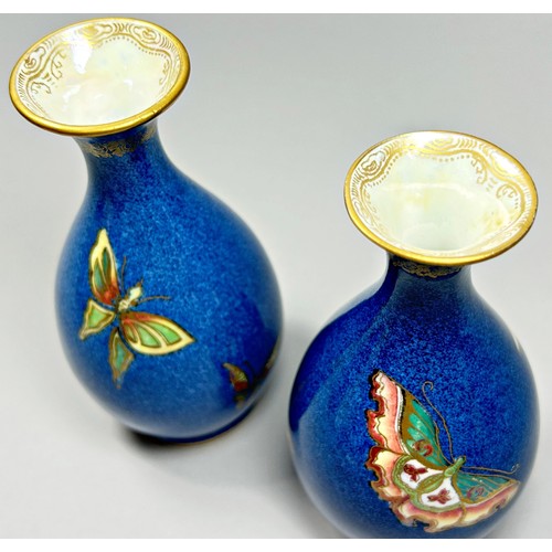 154 - Wedgwood Lustre - pair of baluster shaped vases in a powder blue colourway overlaid with colourful b... 