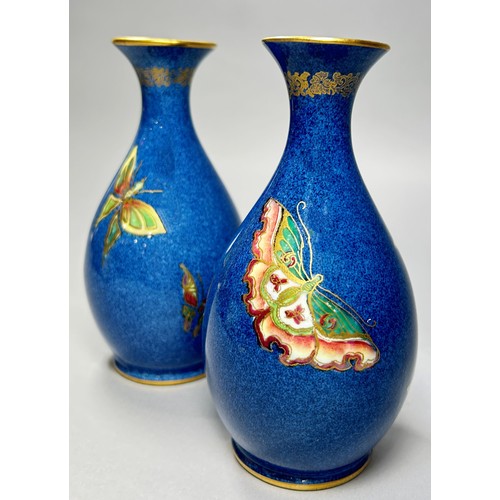 154 - Wedgwood Lustre - pair of baluster shaped vases in a powder blue colourway overlaid with colourful b... 