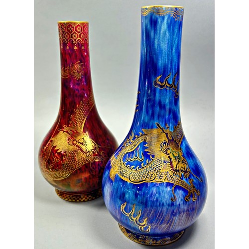 153 - Wedgwood lustre - near pair of bottle shaped vases with  mottled blue and mottled red exteriors over... 