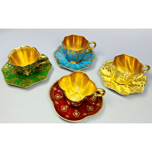 160 - Four Coalport cabinet cups and saucers in individual colourways with gilt lined interiors