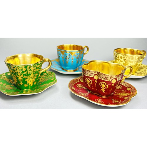 160 - Four Coalport cabinet cups and saucers in individual colourways with gilt lined interiors