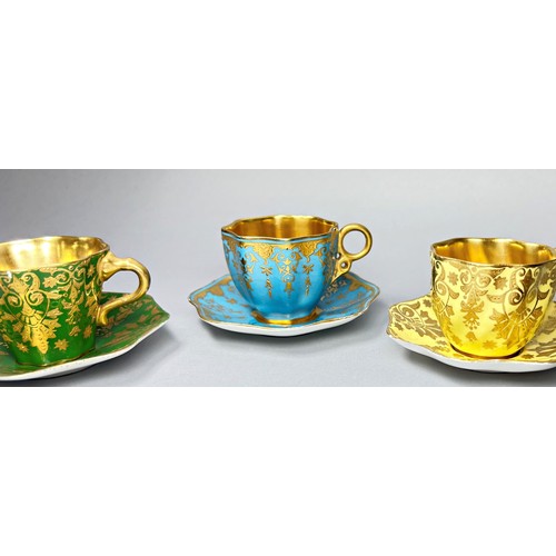 160 - Four Coalport cabinet cups and saucers in individual colourways with gilt lined interiors