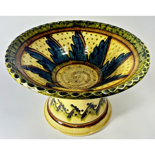 12 - A continental Majolica table centre, the circular dished top raised on a flared base