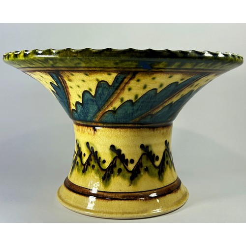 12 - A continental Majolica table centre, the circular dished top raised on a flared base