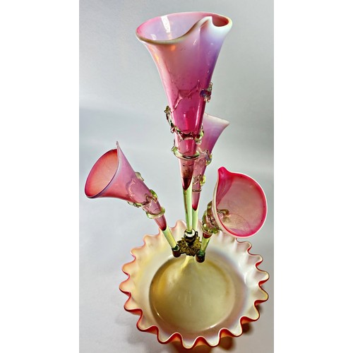 215 - A Victorian pale pink epergne with lily shaped vases and crimped bowl, 50cm high