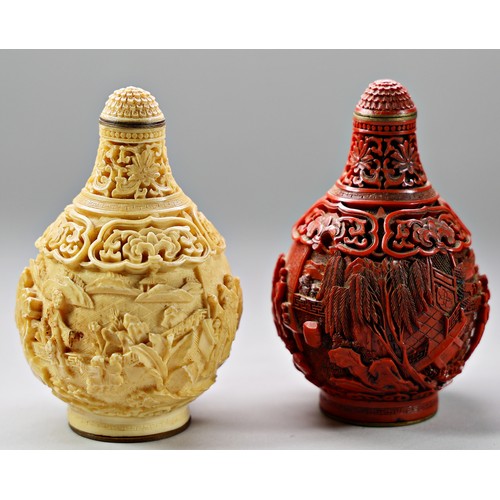 413 - Two small contemporary Chinese simulated ivory snuff bottles with relief mounted detail, one with ci... 