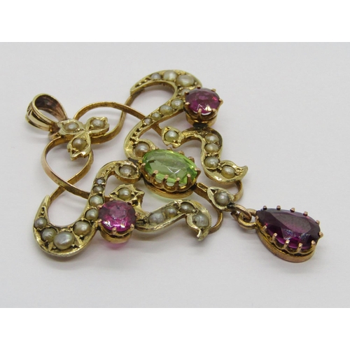 303 - Edwardian Suffragette style 9ct drop pendant set with garnets, a peridot and seed pearls, maker 'H&W... 