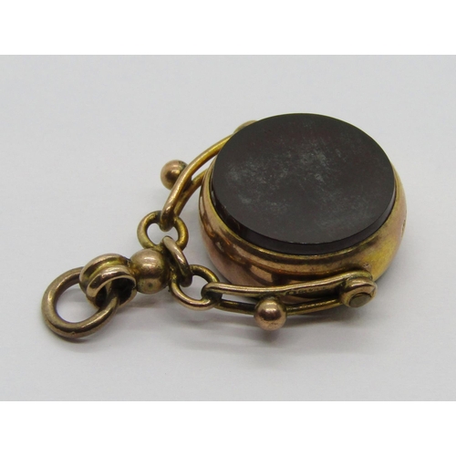 305 - Edwardian 9ct bloodstone / carnelian swivel fob, maker 'W.J.P', Chester 1908, 5.1g