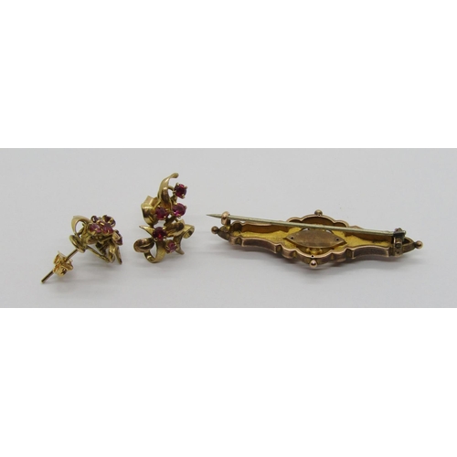 306 - Late Victorian 9ct brooch and a pair of stylised vintage yellow metal ruby earrings (butterflies 9ct... 