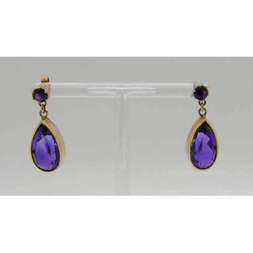 312 - Pair of pear-cut amethyst drop earrings, 3.2cm L approx, 7.4g