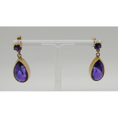 312 - Pair of pear-cut amethyst drop earrings, 3.2cm L approx, 7.4g