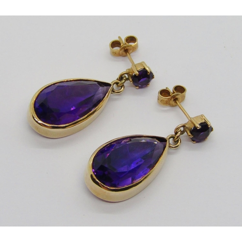 312 - Pair of pear-cut amethyst drop earrings, 3.2cm L approx, 7.4g