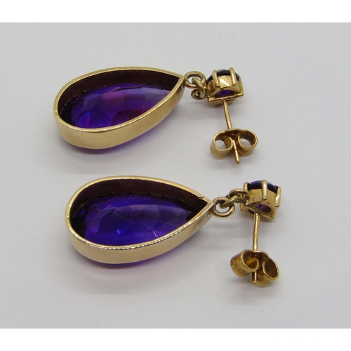 312 - Pair of pear-cut amethyst drop earrings, 3.2cm L approx, 7.4g