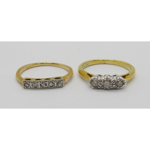 313 - Two 18ct diamond rings; a platinum set five stone panel example, size K and a three stone example, s... 