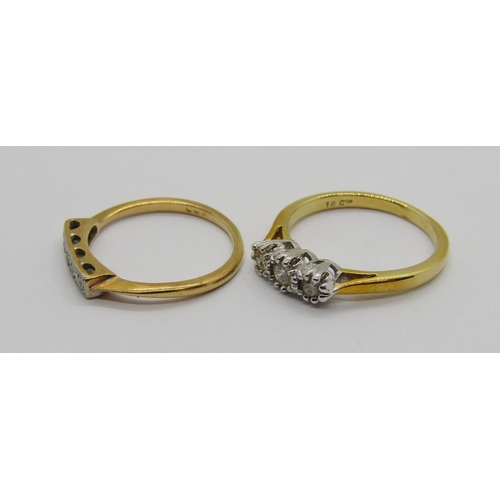 313 - Two 18ct diamond rings; a platinum set five stone panel example, size K and a three stone example, s... 