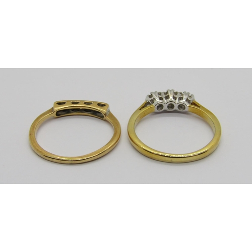 313 - Two 18ct diamond rings; a platinum set five stone panel example, size K and a three stone example, s... 