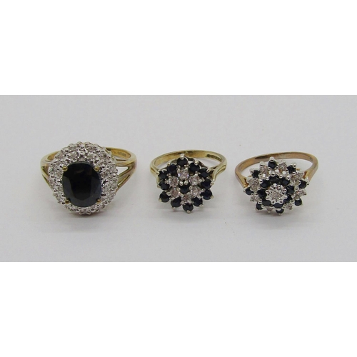 314 - Two sapphire and diamond cluster dress rings, 6.5g total and a further silver gilt sapphire and simu... 